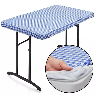 48'' X 30'' Blue Checkered Vinyl Tablecloth Waterproof With Flannel Backing • $5.95