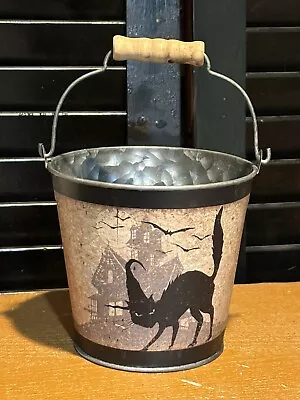 Metal Bucket W Wood Bail Handle Black Cat Primitive Halloween Bucket • $24.22