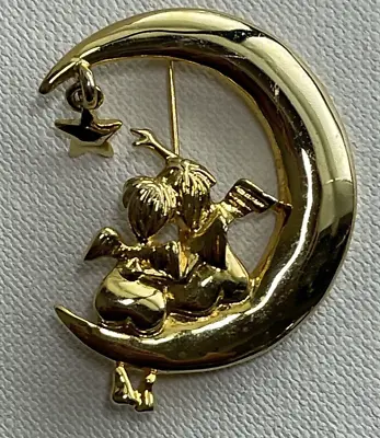 Crescent Moon Brooch W/ Angels Reaching For A Star Unsigned Gold Tone Vintage • $4.20