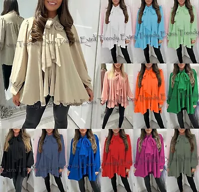 £21.95 • Buy Ladies Womens Tie Up Pussy Bow Neck Button Frill Ruffle Summer Blouse Shirt Tops