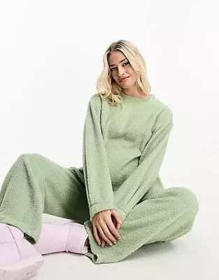 Asos Green Sage Maternity Pyjamas Pjs Size 10 Teddy Fleece Jumper Trousers • £6