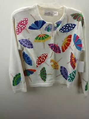 Janes Closet Knit Umbrellas White Button Up Sweater Size Small • £33.75