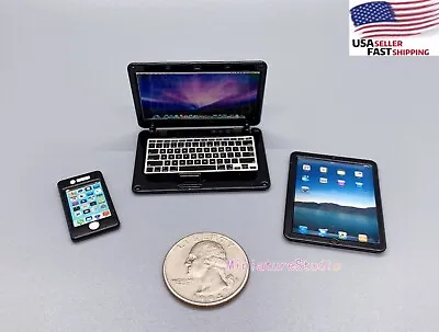 3PCS Dollhouse Miniature 1:12 Laptop IPhone IPad Barbie Computer Macbook Sets • $11.92