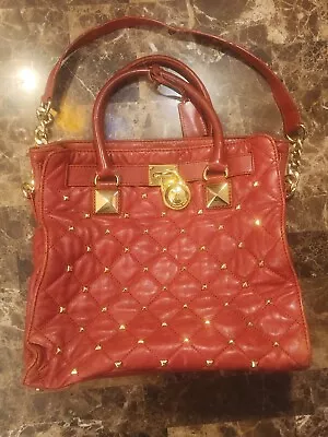 Michael Kors Large Red Gold-Studded Quilted Leather Handbag Plus Belt • $32.95