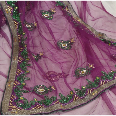 $75 • Buy Sanskriti Vintage Purple Hand Beaded Sarees Net Lehenga Sari With Blouse Fabric