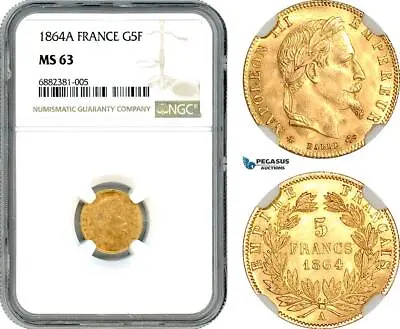 AJ013 France Napoleon III 5 Francs 1864 A Paris Mint Gold NGC MS63 • $649