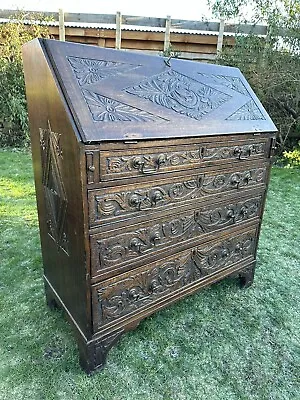 Stunning Antique Heavily Carved Oak  Bureau Georgian Desk • £450