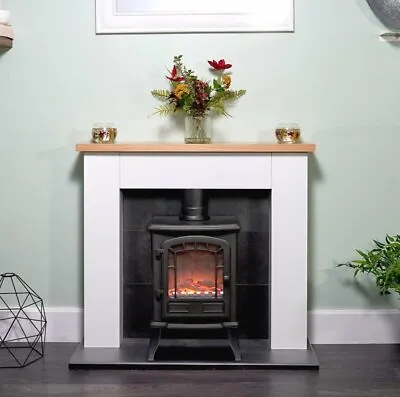 Electric Fire Stove Oak White Mantle Black Fireplace Logs Surround Suite Bnib • £359.25