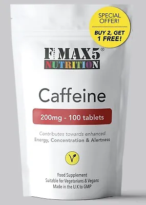 100 X Caffeine 200mg Tablets - 100% Pure Pharmaceutical​ Grade Plus Energy Pills • £3.69