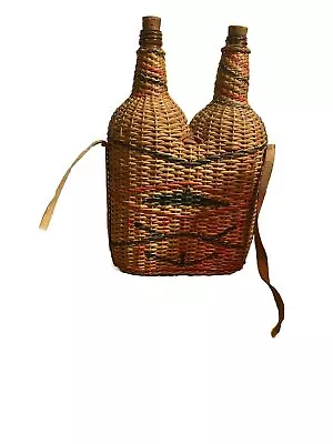 VTG Double Bottle Rattan/Wicker Wrapped Wine Bottle W/Leather Carry Strap. 12” T • $40