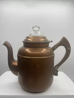 Vintage Majestic Copper Coffee Pot Wood Handle Farmhouse Decor Glass Lid • $40.79