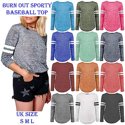 New Womens Burn Out Stripe Baseball Top Long Sleeve Sports Pullover T Shirt Top • £6.99