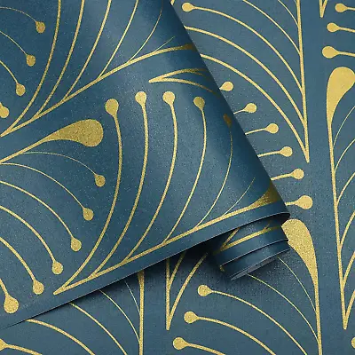 Peel And Stick Wallpaper Gold & Blue Stripe Contact Paper Geometric 17.3''X118.1 • $16.99