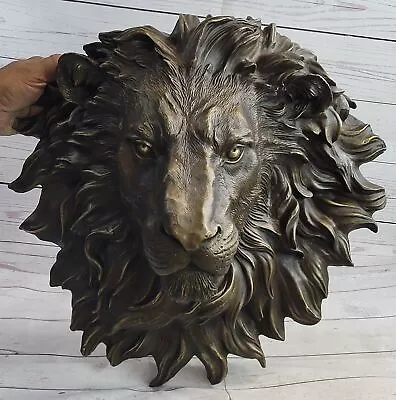African Male Lion Head Cat Bronze Sculpture Bust Signed Art Gift Marble Artwork • $399