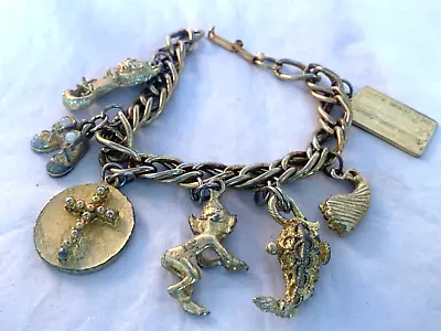 Vintage Charm Bracelet Pixie Elf Cross Ballet Shoes Cat Millionaires Credit Card • $15.19