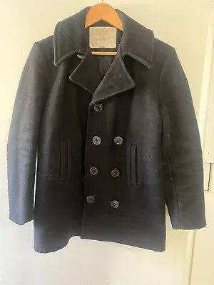 Vintage US Navy Overcoat Pea Coat 34 R Mens Blue Wool Double Breasted Wool Small • $12