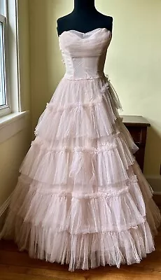 Vintage 1950's Pale Pink Tulle Party Prom Strapless Long Dress Gown Extra Small • $100