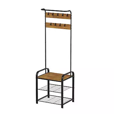 Entryway Bench W/ Coat Rack – Metal Hall Tree With Seat Hooks And Shoe Storage • $79.72