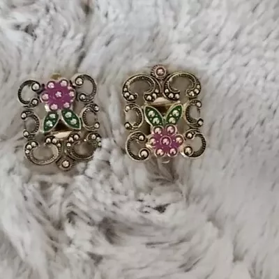 Vintage West Germany  Clip On Earrings Gold Tone Square Lightweight Green Pink • $8