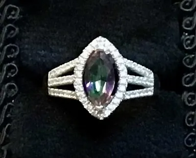 Sterling Silver 925 Ring-Lab Mystic Topaz & White Stones-Size 8.0-3.4g • $21.99