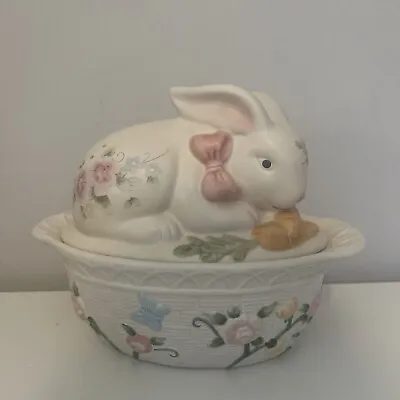 PFALTZGRAFF Tea Rose Rabbit Woven Basket Casserole Dish Tureen With Lid Easter • $50