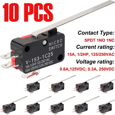 10PCS Micro Limit Switch Mini Tact Switch Long Hinge Lever 15A 1/2HP 125/250V AC • $12.99