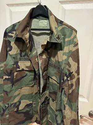Vintage U.S. Navy Combat Woodland Camouflage Coat X-Large Long Cotton Nylon • $40
