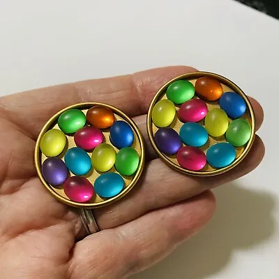 Vintage Huge EARRINGS 1980’s Retro Gold Jelly Belly Multicolor  Cabochons A428 • $15.99