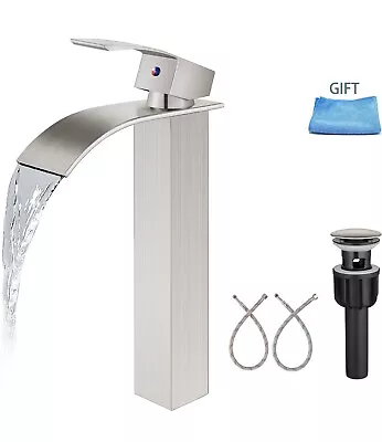 ✨ Brushed Nickel Tall Bathroom Sink Faucet Waterfall Vessel Pop Up Drain • $44.99