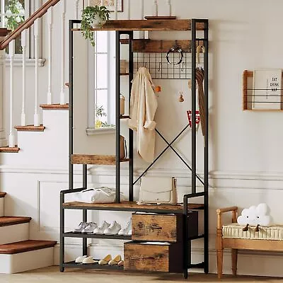 Hall Tree With Bench And Shoe Storage Entryway Coat Rack With Mirror 5-Tier • $172.48