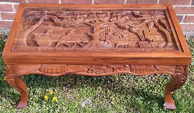 Hand Made Deep Relief Solid Teak Wood Asian Coffee Opium Table Glass Top Carve • $699.99