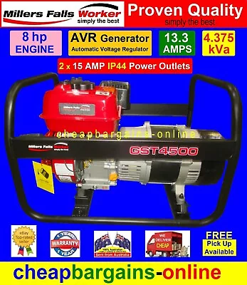 4.3kVa GENERATOR 8hp PETROL ENGINE 3.5kW GENERATOR 2 X 15 AMP IP44 POWER OUTLETS • $6573.99