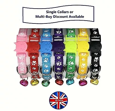 Breakaway Cat Kitten Or Puppy Nylon Collars Bell Break Away Buckle Paw Print • £2.89