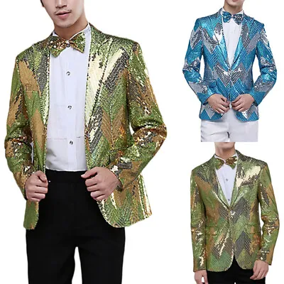 Men Sequin Suit Blazer Dress Jacket Bowtie Showman Costume Tops Fake Pocket Cool • $52.96