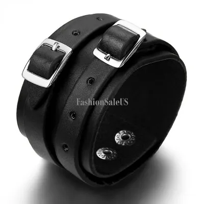 Men's Punk Rocker Wide Heavy Leather Straps Cuff Bracelet Wristband Adjustable W • $9.99