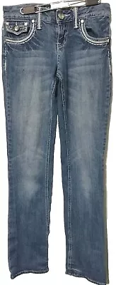 Vanity Low Rise Dark Wash Thick Stitch Denim Blue Jeans Juniors Size 25 X 33 • $8.29