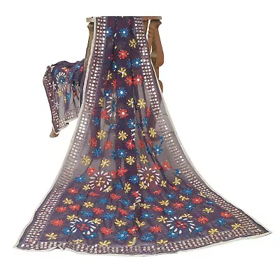 Sanskriti Vintage Purple Dupatta Georgette Handmade Phulkari Ooak Stole Veil • $64.99