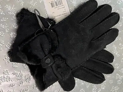 UGG Sheepskin Turned Bow Women Black Gloves Size M NEW • $49