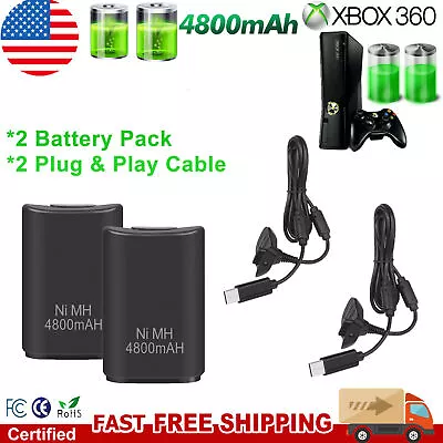 2x Rechargeable Battery Pack+ Plug & Play Cable For Xbox 360 Wireless Controller • $12.89