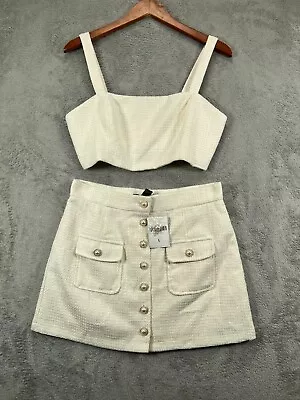 NWT Skirt Set 2 Piece Large Tweed Crop Top Mini Skirt Cream Ivory Forever 21 • $28