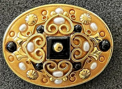 Vintage  MICHAL GOLAN  Gold Oval Brooch/Pendant With Pearls And Black Stone • $20