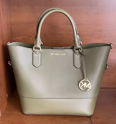 Michael Kors Trista Olive Green Large Grab Tote Leather Bag (35H8GT7T3U) • $104.95
