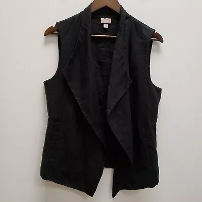 J Jill Womens Open Front Waterfall Vest Size M Black Linen Sleeveless Pockets • $29.88