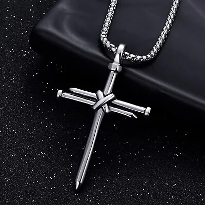 Men Women Nail Rope Cross Pendant Necklace Stainless Steel Chain Jewelry Silver • $9.98