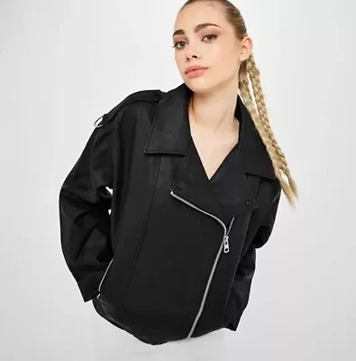 MissGuided Vintage Faux Leather Biker Jacket 4 (3XS) Women Girls Black RRP £55 • £13.99