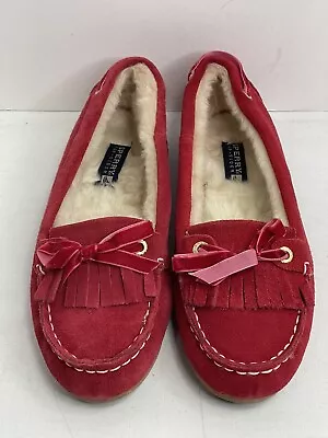 SPERRY Top-Sider Women’s Red Suede Leather Faux Fur Moccasins. Size 8M • $18.50