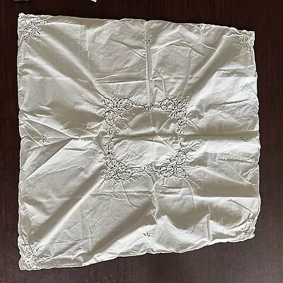 Vintage White Table Topper Tablecloth Scalloped Embroidered Cut Out 32x32” • $14