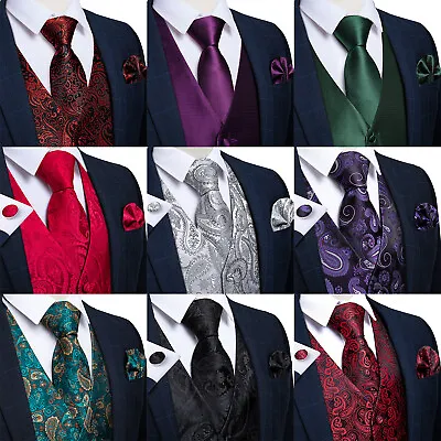 Formal Vest Tie Set Paisley Mens Silk Waistcoat Tuxedo Gilet Hankie Cufflinks US • $21.99