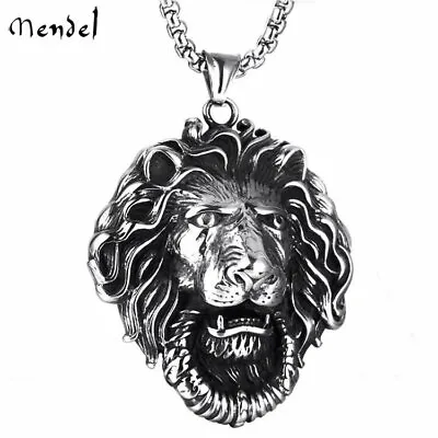 MENDEL Mens Large Lion Head Pendant Necklace Chain Stainless Steel Black Silver • $11.99