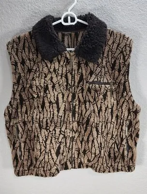 Womens Duffel Fleece Bamboo Print Cabin Vest Zip Up Brown Hunting Hiking Sz L-XL • £13.64